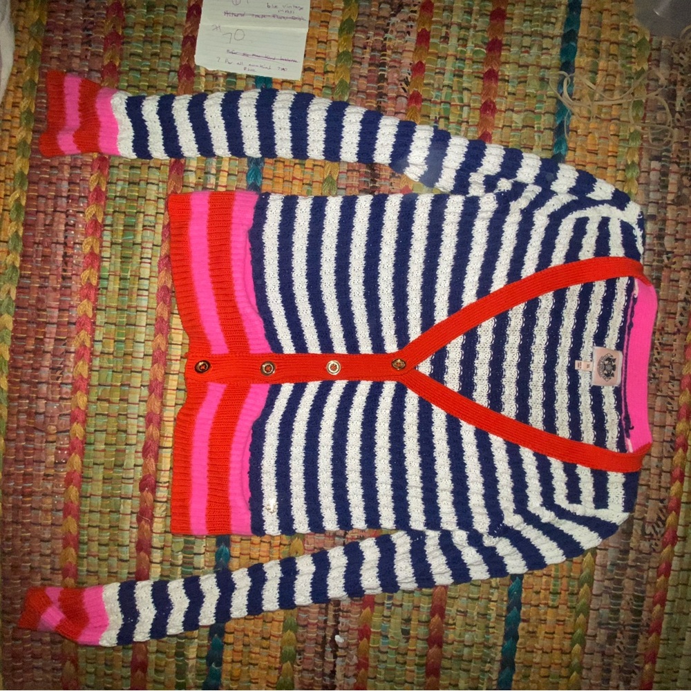Striped vintage Juicy Couture XL Cardigan with Pink and Red lambs wool Accents